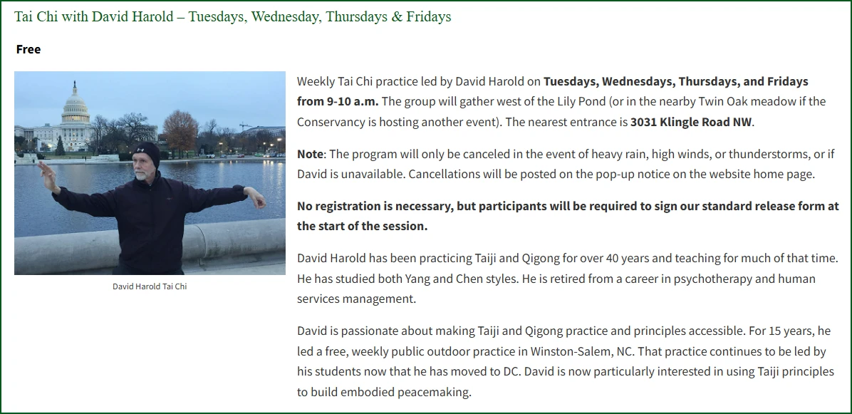 Weekly Tai Chi practice with David Harold
